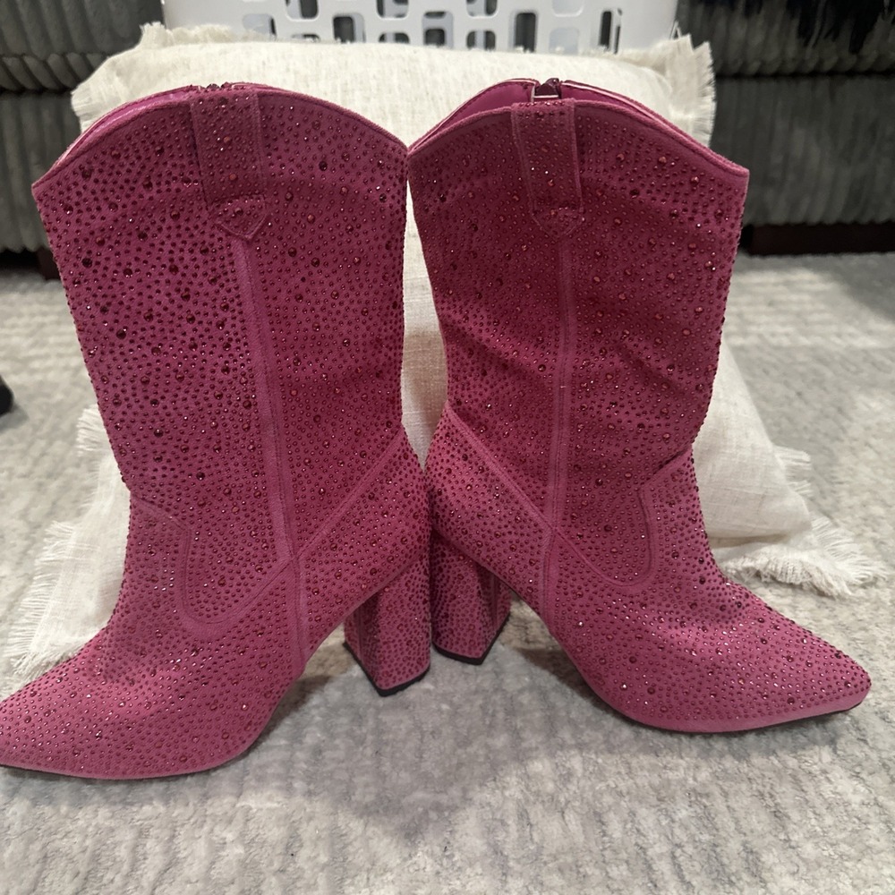 Pink Rhinestone Covered Boots High Heel Block Cowgirl Rodeo Western Women's 7 - Picture 15 of 16